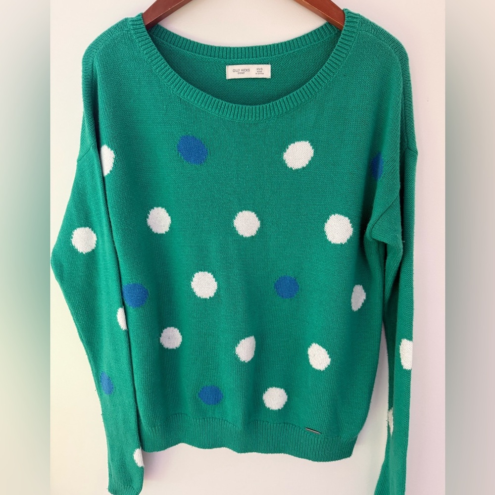 Gilly Hicks Sweater Women Green and Blue Polka Dot Pullover Sweatshirt Size S